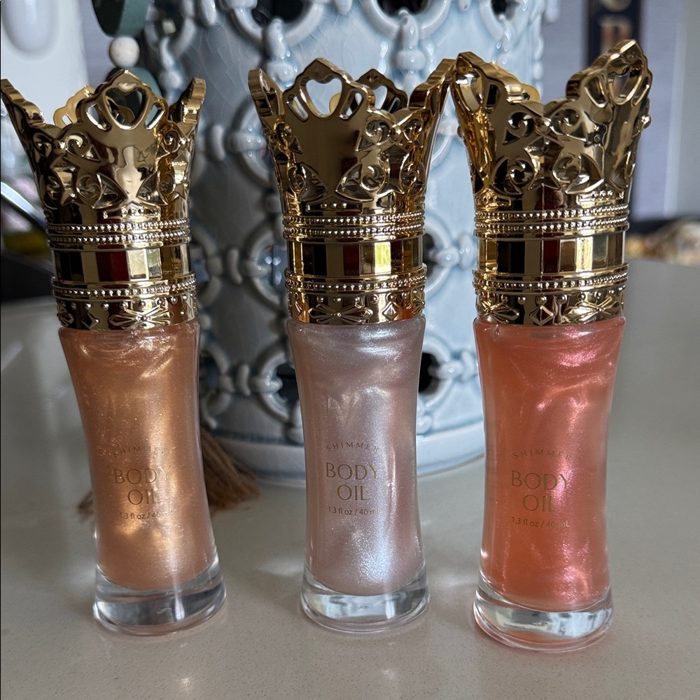 Shimmer Body Oil Trio with Ornate Gold Crowns - Peach, Pearl, Coral